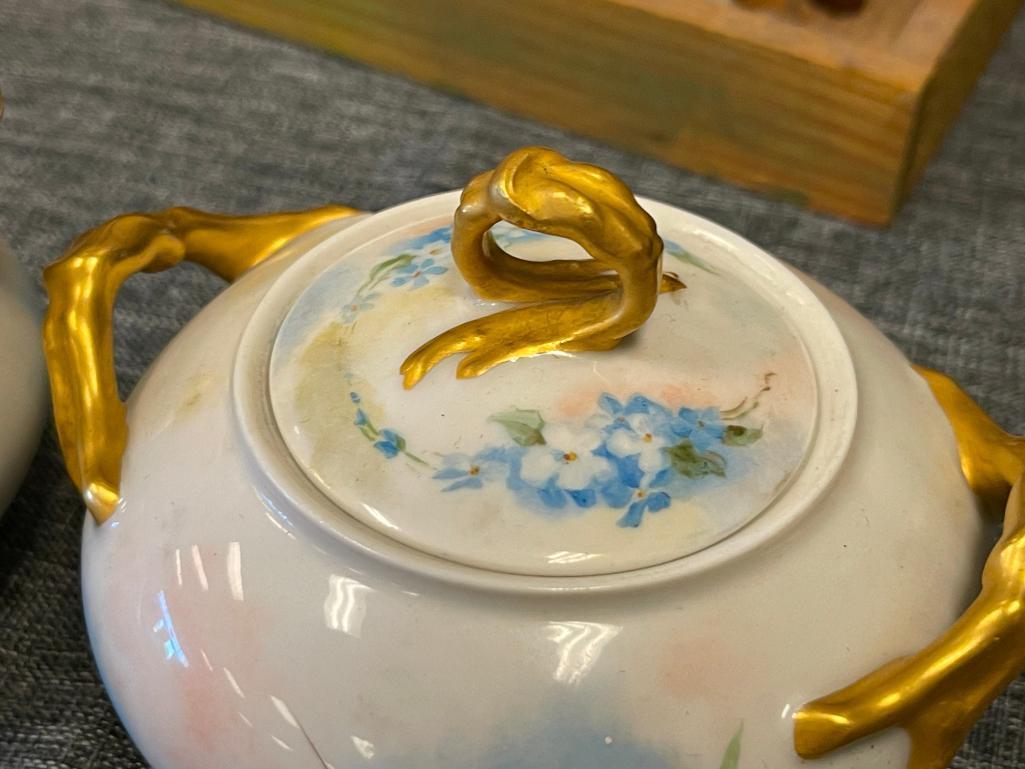 ANTIQUE LIMOGES J.P. LIMOGES PORCELAIN HAND PAINTED CREAMER AND SUGAR BOWL WITH LID MADE IN FRANCE