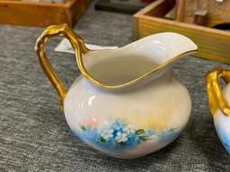 ANTIQUE LIMOGES J.P. LIMOGES PORCELAIN HAND PAINTED CREAMER AND SUGAR BOWL WITH LID MADE IN FRANCE