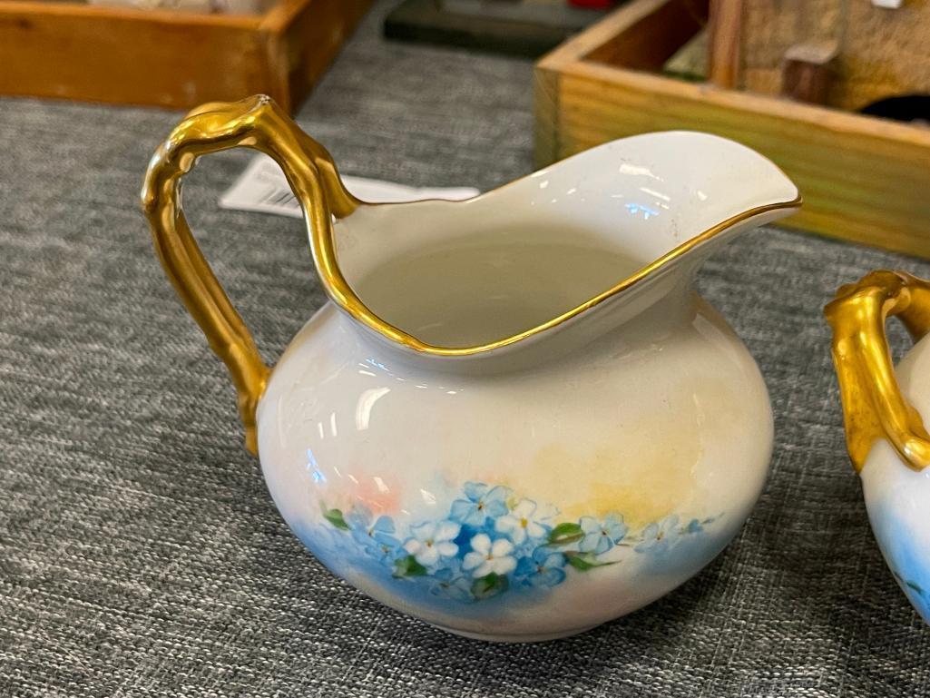 ANTIQUE LIMOGES J.P. LIMOGES PORCELAIN HAND PAINTED CREAMER AND SUGAR BOWL WITH LID MADE IN FRANCE