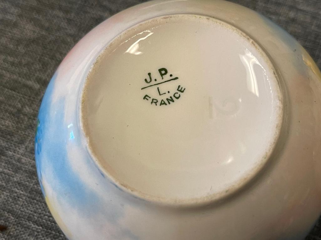 ANTIQUE LIMOGES J.P. LIMOGES PORCELAIN HAND PAINTED CREAMER AND SUGAR BOWL WITH LID MADE IN FRANCE