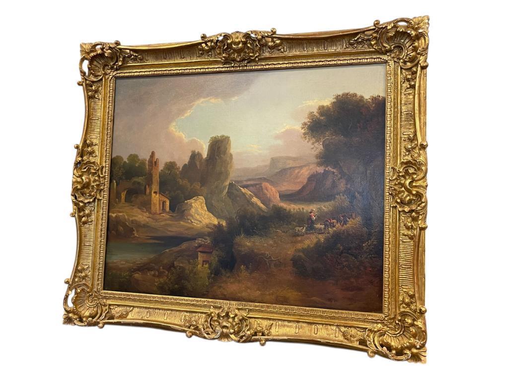 DYNAMIC 1855 ORIGINAL OIL ON CANVAS ATTACHED TO BOARD REALISM PAINTING DEPICTS EUROPEAN LANDSCAPE