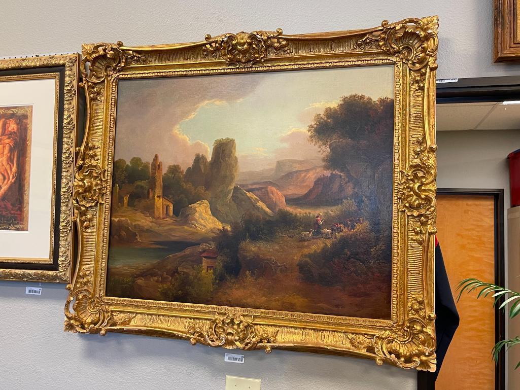 DYNAMIC 1855 ORIGINAL OIL ON CANVAS ATTACHED TO BOARD REALISM PAINTING DEPICTS EUROPEAN LANDSCAPE