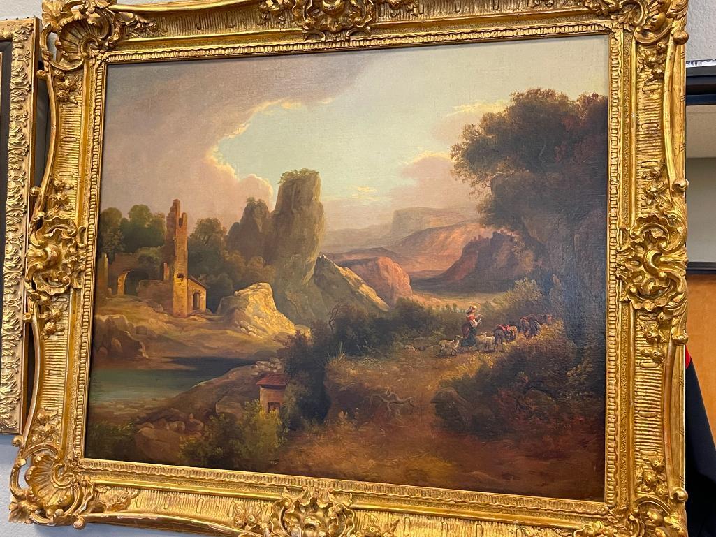 DYNAMIC 1855 ORIGINAL OIL ON CANVAS ATTACHED TO BOARD REALISM PAINTING DEPICTS EUROPEAN LANDSCAPE