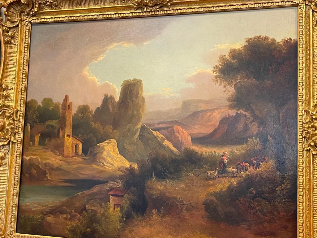 DYNAMIC 1855 ORIGINAL OIL ON CANVAS ATTACHED TO BOARD REALISM PAINTING DEPICTS EUROPEAN LANDSCAPE