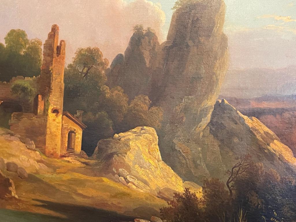 DYNAMIC 1855 ORIGINAL OIL ON CANVAS ATTACHED TO BOARD REALISM PAINTING DEPICTS EUROPEAN LANDSCAPE