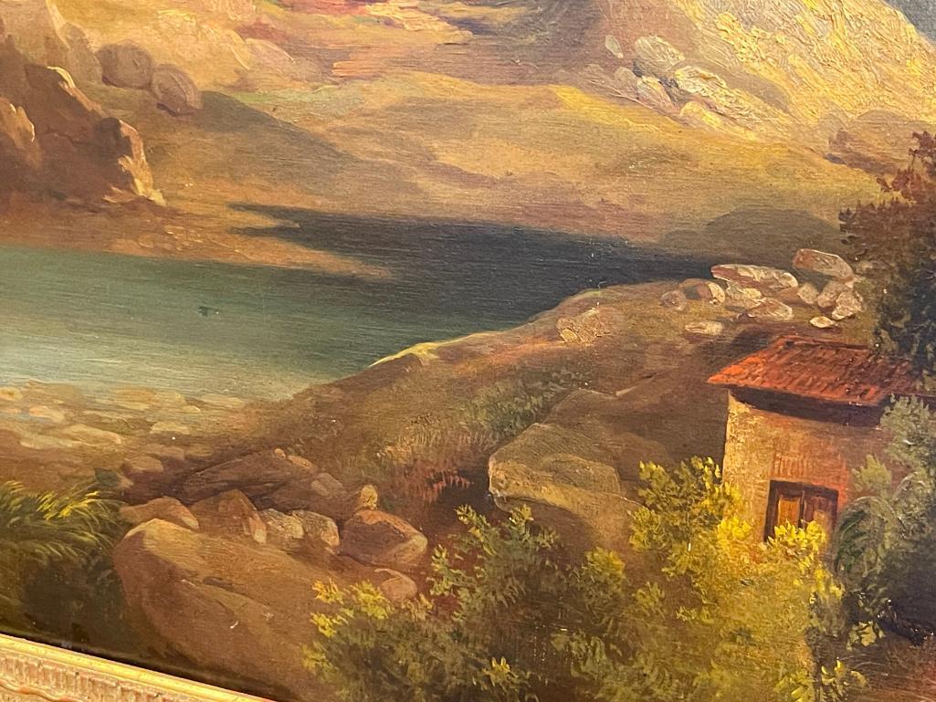 DYNAMIC 1855 ORIGINAL OIL ON CANVAS ATTACHED TO BOARD REALISM PAINTING DEPICTS EUROPEAN LANDSCAPE