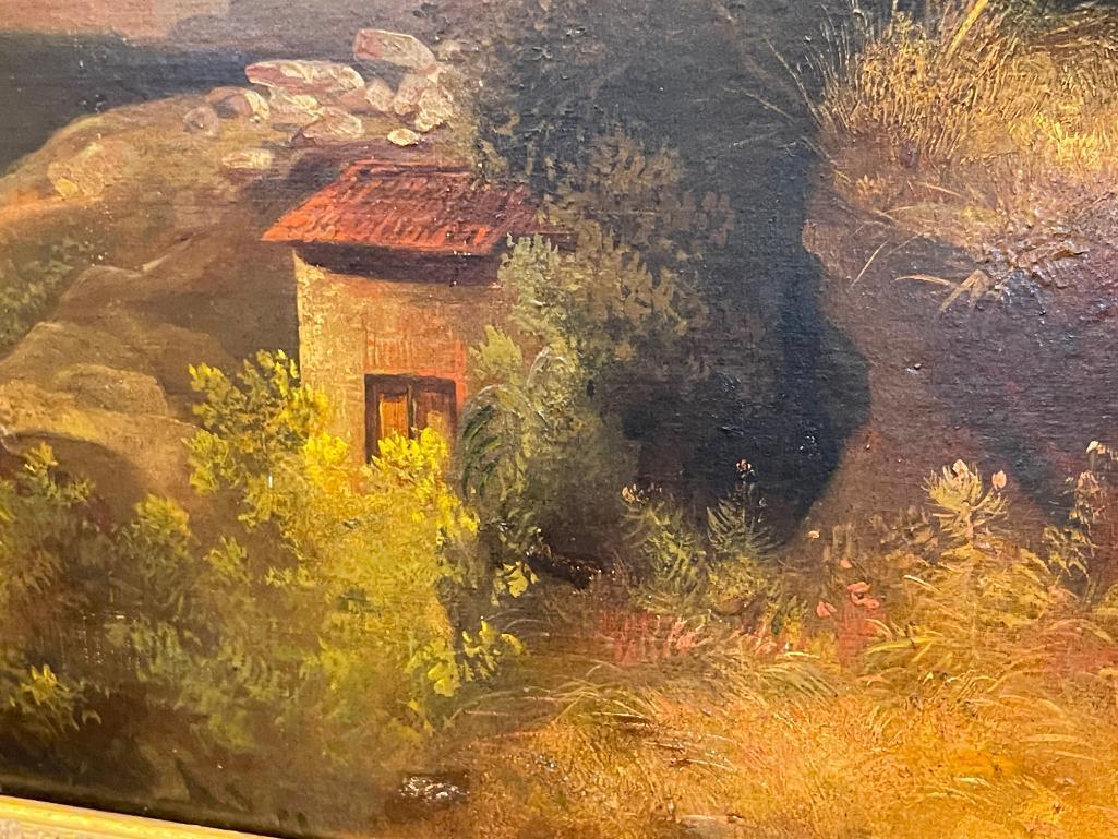 DYNAMIC 1855 ORIGINAL OIL ON CANVAS ATTACHED TO BOARD REALISM PAINTING DEPICTS EUROPEAN LANDSCAPE