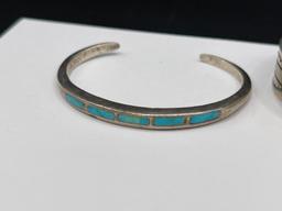 THREE NAVAJO STERLING SILVER TURQUOISE CUFF BRACELET INCLUDING ONE SIGNED BY LARRY BENNETT