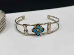 THREE NAVAJO STERLING SILVER TURQUOISE CUFF BRACELET INCLUDING ONE SIGNED BY LARRY BENNETT