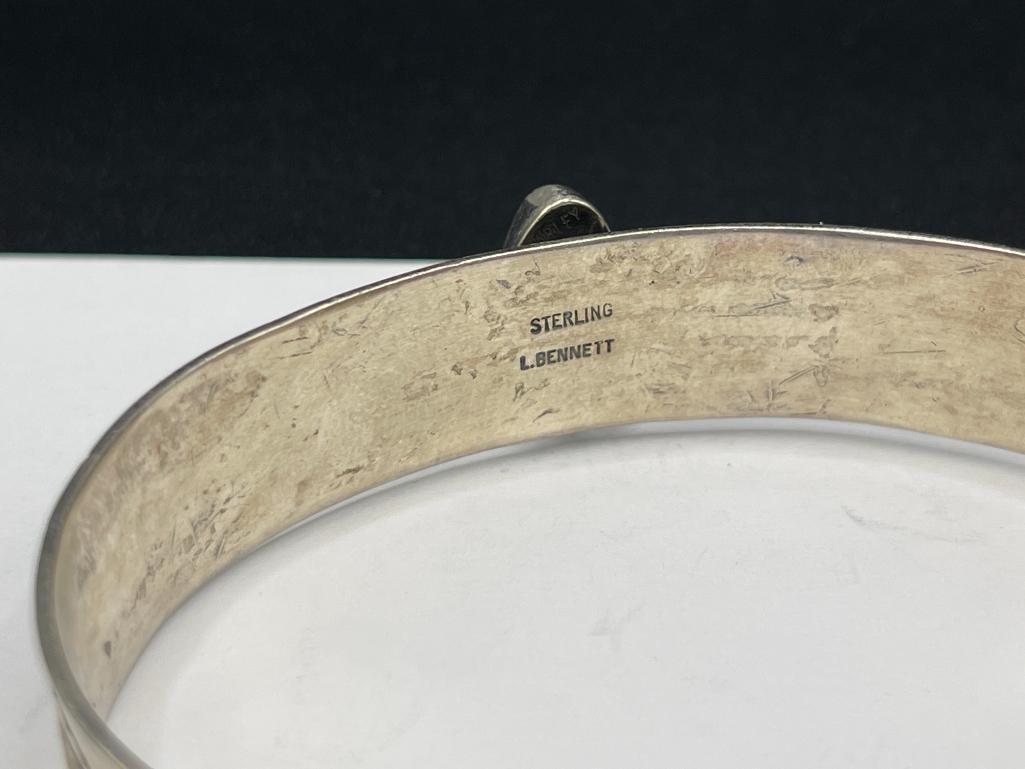 THREE NAVAJO STERLING SILVER TURQUOISE CUFF BRACELET INCLUDING ONE SIGNED BY LARRY BENNETT