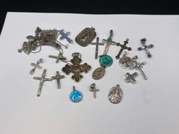 STERLING SILVER and SILVER TONE RELIGIOUS PENDANT INCLUDING CROSSES AND MORE