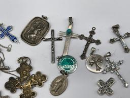 STERLING SILVER and SILVER TONE RELIGIOUS PENDANT INCLUDING CROSSES AND MORE