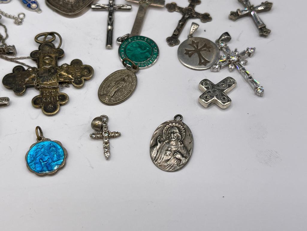 STERLING SILVER and SILVER TONE RELIGIOUS PENDANT INCLUDING CROSSES AND MORE