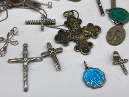 STERLING SILVER and SILVER TONE RELIGIOUS PENDANT INCLUDING CROSSES AND MORE