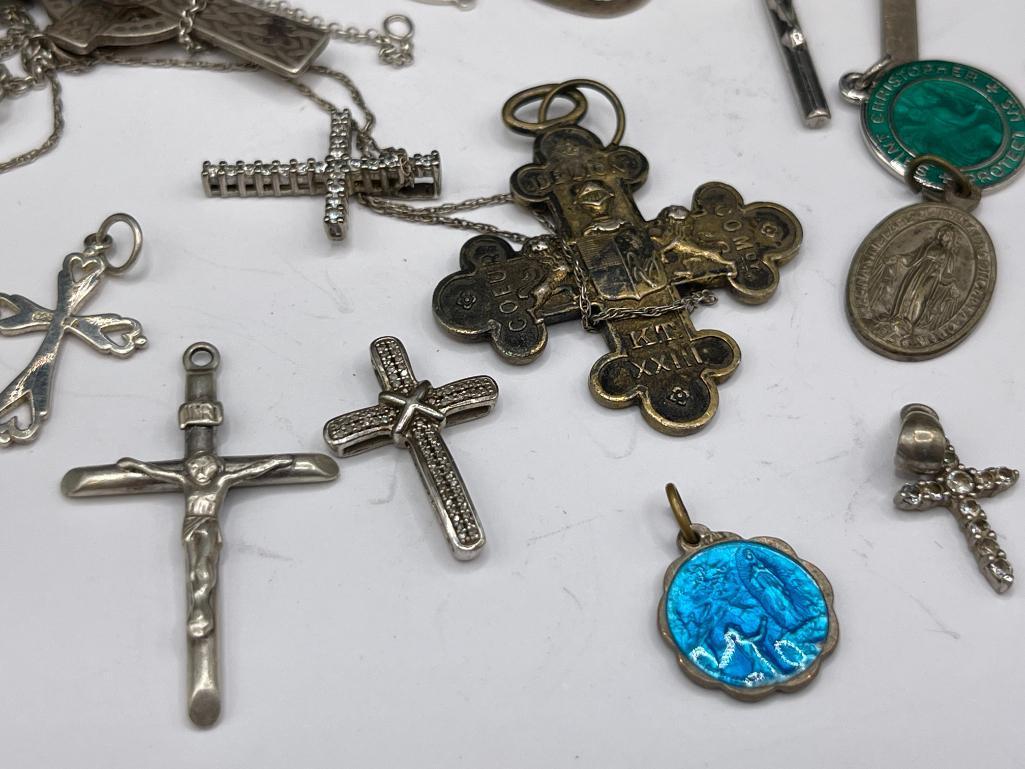 STERLING SILVER and SILVER TONE RELIGIOUS PENDANT INCLUDING CROSSES AND MORE