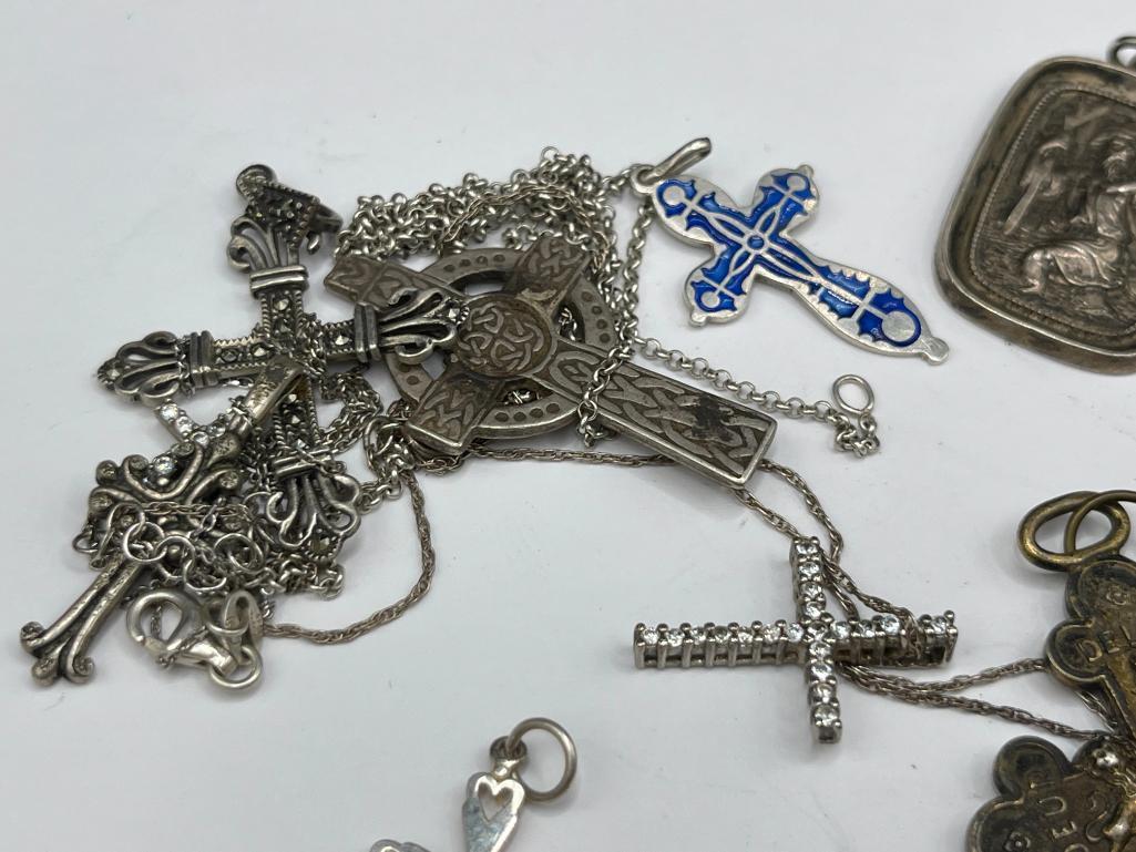 STERLING SILVER and SILVER TONE RELIGIOUS PENDANT INCLUDING CROSSES AND MORE