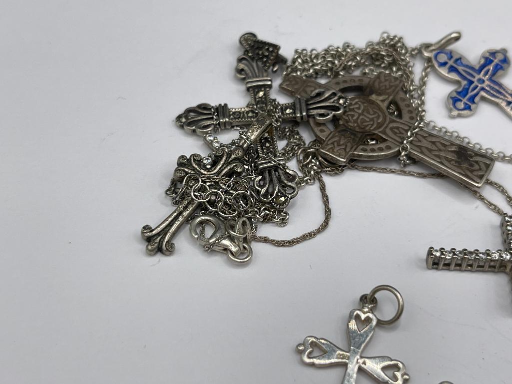 STERLING SILVER and SILVER TONE RELIGIOUS PENDANT INCLUDING CROSSES AND MORE