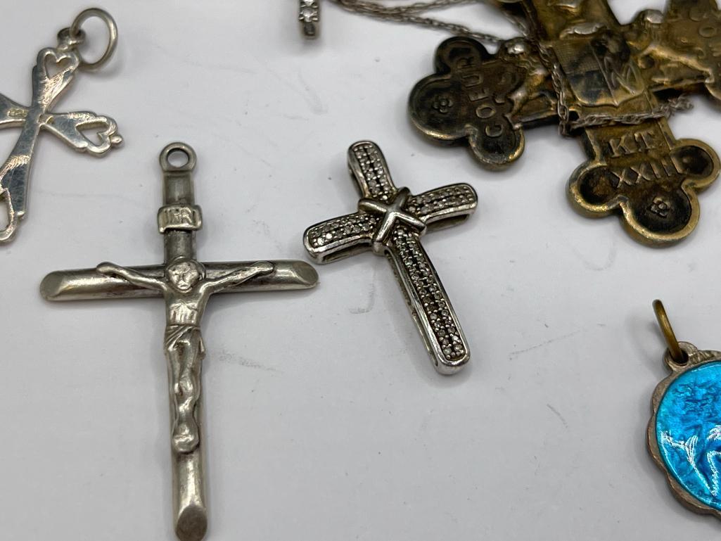 STERLING SILVER and SILVER TONE RELIGIOUS PENDANT INCLUDING CROSSES AND MORE