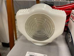 ART DECO PERIOD INDUSTRIAL CLEAR AND WHITE FINISH ORNATE FIXTURE LAMP SHADE