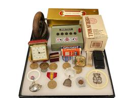 ASSORTED VINTAGE COLLECTIBLES INCLUDING MIITARY SERVICE MEDALS, STERLING BABY RATTLES, AND MORE