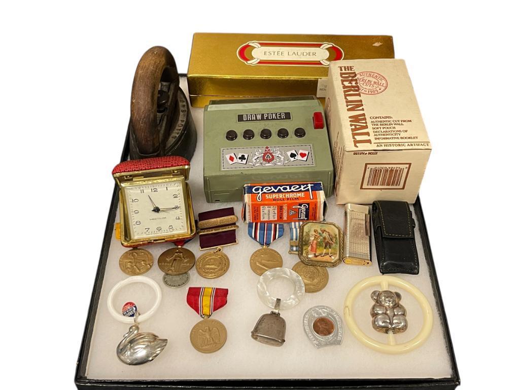ASSORTED VINTAGE COLLECTIBLES INCLUDING MIITARY SERVICE MEDALS, STERLING BABY RATTLES, AND MORE