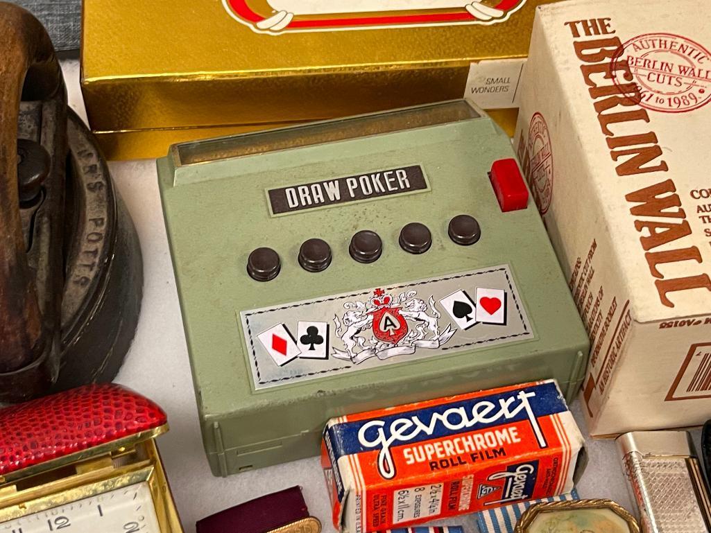 ASSORTED VINTAGE COLLECTIBLES INCLUDING MIITARY SERVICE MEDALS, STERLING BABY RATTLES, AND MORE