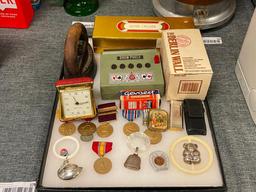 ASSORTED VINTAGE COLLECTIBLES INCLUDING MIITARY SERVICE MEDALS, STERLING BABY RATTLES, AND MORE