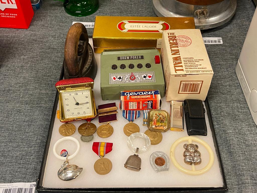 ASSORTED VINTAGE COLLECTIBLES INCLUDING MIITARY SERVICE MEDALS, STERLING BABY RATTLES, AND MORE