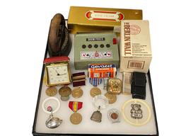ASSORTED VINTAGE COLLECTIBLES INCLUDING MIITARY SERVICE MEDALS, STERLING BABY RATTLES, AND MORE