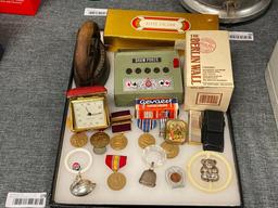 ASSORTED VINTAGE COLLECTIBLES INCLUDING MIITARY SERVICE MEDALS, STERLING BABY RATTLES, AND MORE