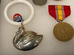 ASSORTED VINTAGE COLLECTIBLES INCLUDING MIITARY SERVICE MEDALS, STERLING BABY RATTLES, AND MORE