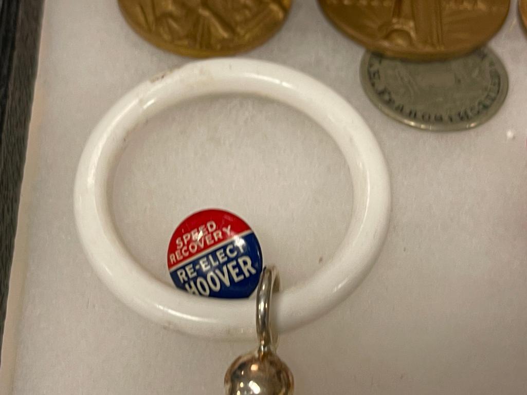ASSORTED VINTAGE COLLECTIBLES INCLUDING MIITARY SERVICE MEDALS, STERLING BABY RATTLES, AND MORE