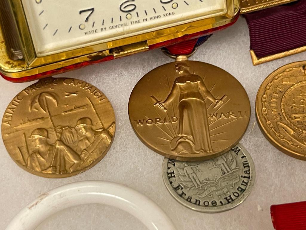 ASSORTED VINTAGE COLLECTIBLES INCLUDING MIITARY SERVICE MEDALS, STERLING BABY RATTLES, AND MORE