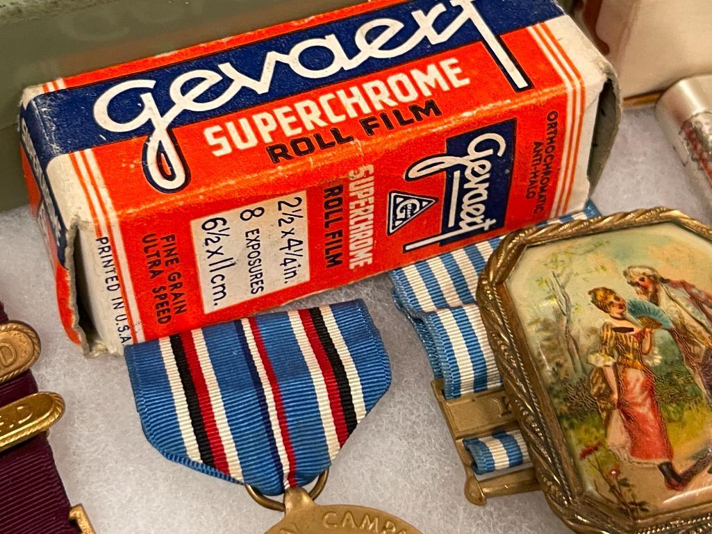 ASSORTED VINTAGE COLLECTIBLES INCLUDING MIITARY SERVICE MEDALS, STERLING BABY RATTLES, AND MORE