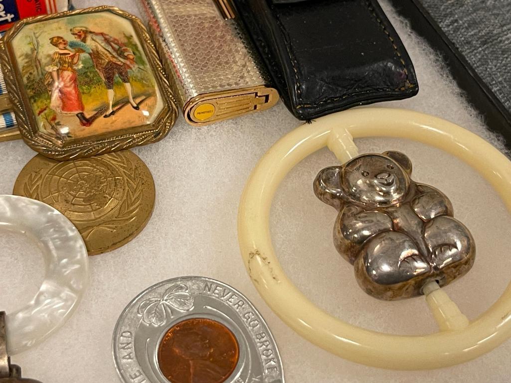 ASSORTED VINTAGE COLLECTIBLES INCLUDING MIITARY SERVICE MEDALS, STERLING BABY RATTLES, AND MORE