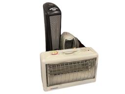 ASSORTED HOUSEHOLD APPLIANCES INCLUDING HEATERS, LASKO OSCILLATING FAN, DVD PLAYER, AND FIGURINES