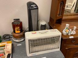ASSORTED HOUSEHOLD APPLIANCES INCLUDING HEATERS, LASKO OSCILLATING FAN, DVD PLAYER, AND FIGURINES