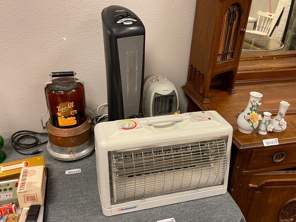 ASSORTED HOUSEHOLD APPLIANCES INCLUDING HEATERS, LASKO OSCILLATING FAN, DVD PLAYER, AND FIGURINES