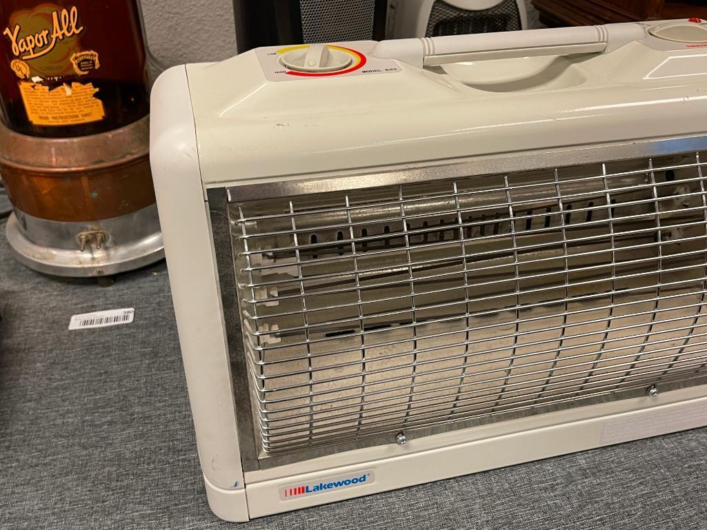 ASSORTED HOUSEHOLD APPLIANCES INCLUDING HEATERS, LASKO OSCILLATING FAN, DVD PLAYER, AND FIGURINES
