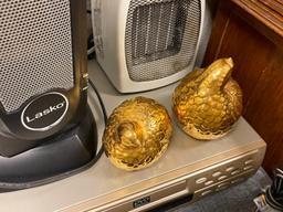 ASSORTED HOUSEHOLD APPLIANCES INCLUDING HEATERS, LASKO OSCILLATING FAN, DVD PLAYER, AND FIGURINES