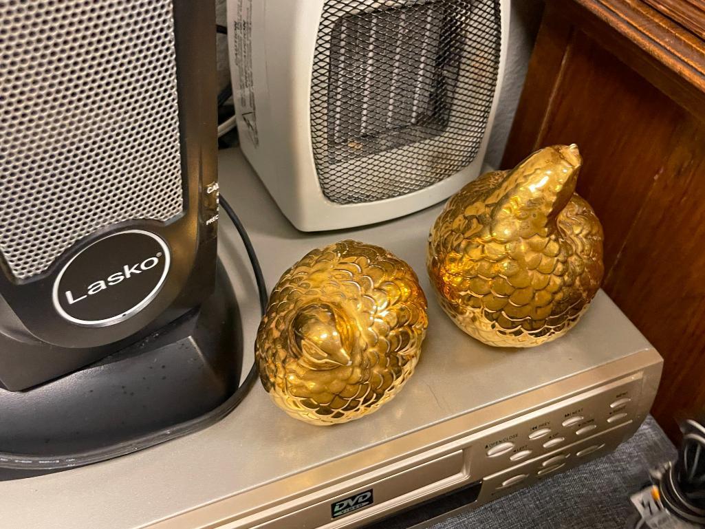 ASSORTED HOUSEHOLD APPLIANCES INCLUDING HEATERS, LASKO OSCILLATING FAN, DVD PLAYER, AND FIGURINES