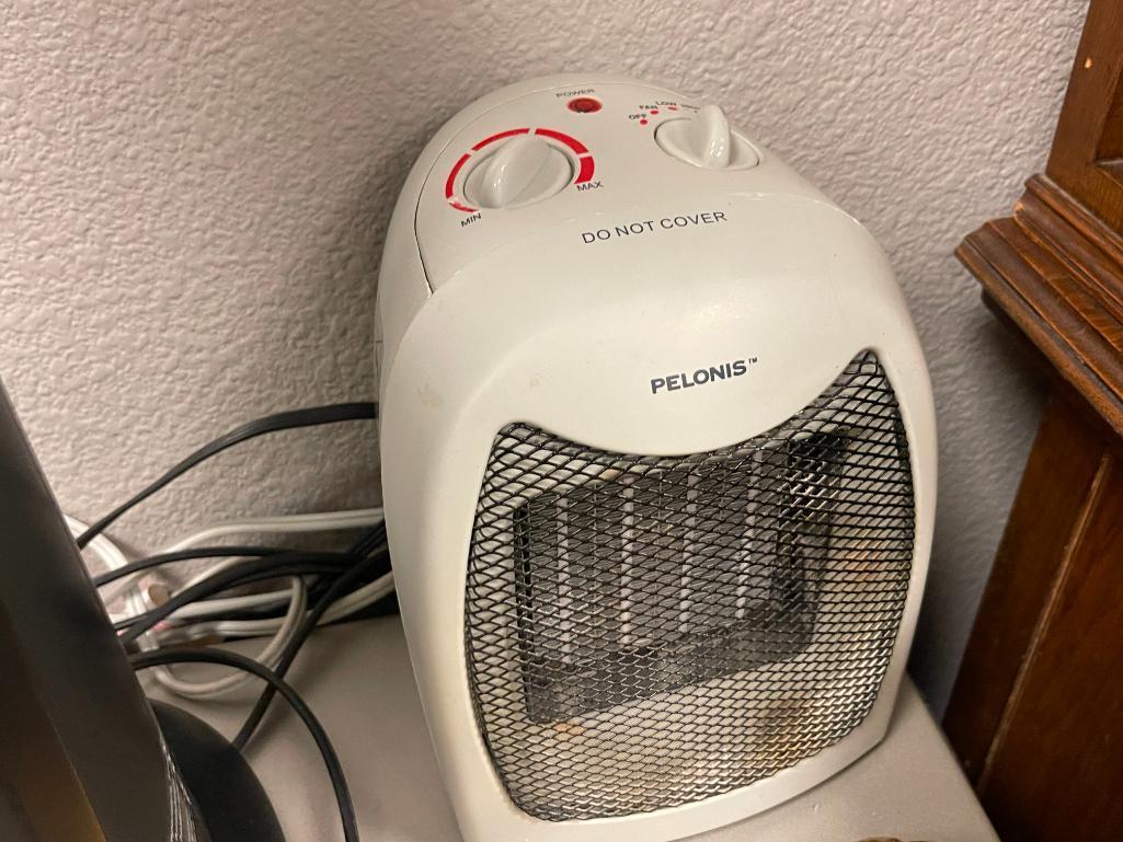 ASSORTED HOUSEHOLD APPLIANCES INCLUDING HEATERS, LASKO OSCILLATING FAN, DVD PLAYER, AND FIGURINES