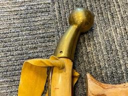 THREE WOOD WALKING STICKS INCLUDING ONE POLISHED PINE WITHG BRASS NOB HANDLE