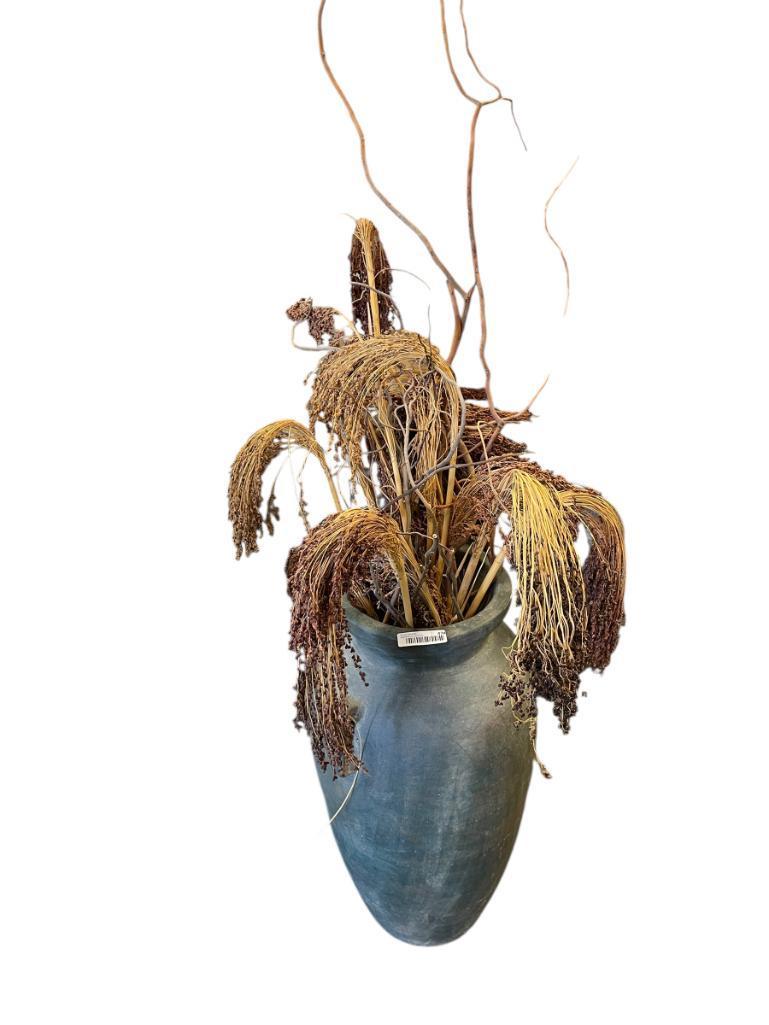 HOME DECOR DESIGNER STYLE DEEP GREEN CLAY VASE WITH DRIED FOLIAGE