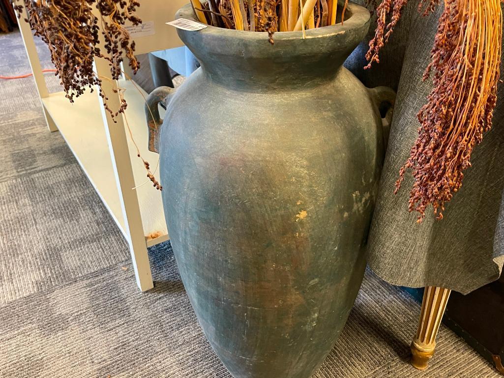 HOME DECOR DESIGNER STYLE DEEP GREEN CLAY VASE WITH DRIED FOLIAGE