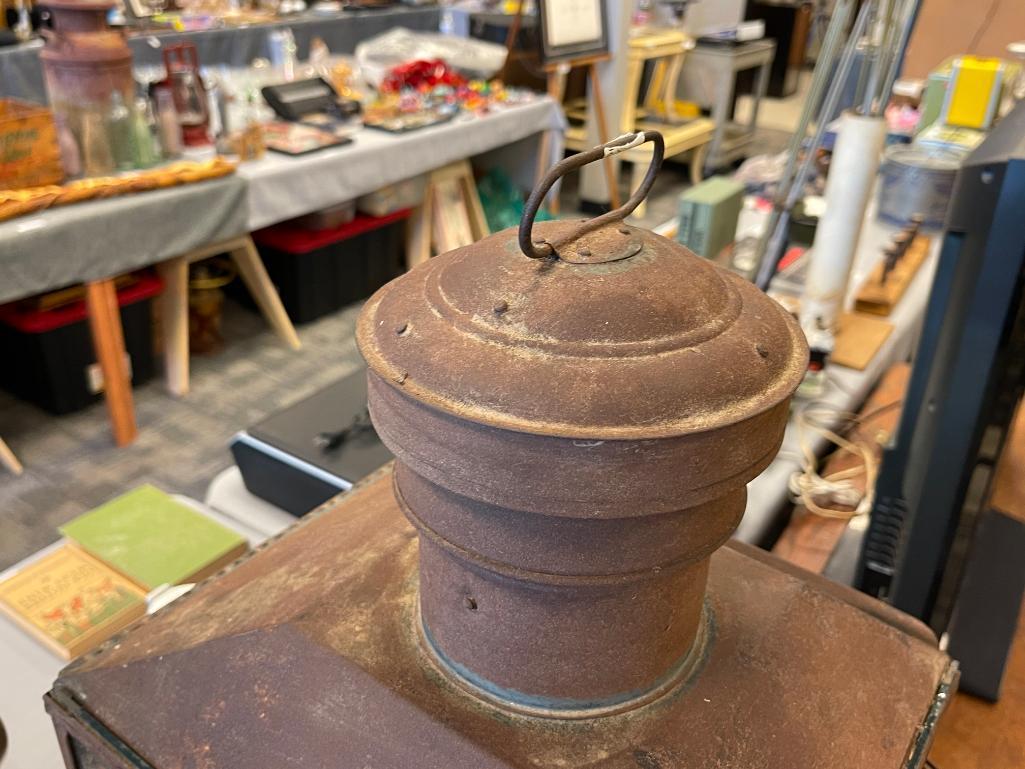 SHEET IRON NO. 115 RAILROAD STATION LANTERN WITH FENTON PINK SWIRL BLOWN GLASS SHADE