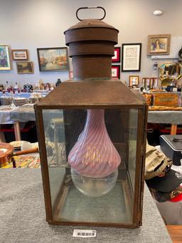 SHEET IRON NO. 115 RAILROAD STATION LANTERN WITH FENTON PINK SWIRL BLOWN GLASS SHADE