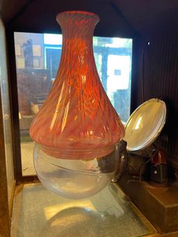 SHEET IRON NO. 115 RAILROAD STATION LANTERN WITH FENTON PINK SWIRL BLOWN GLASS SHADE