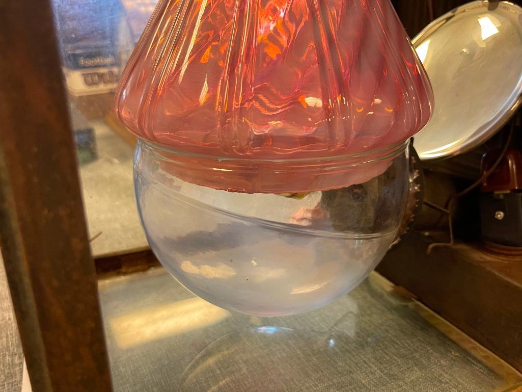 SHEET IRON NO. 115 RAILROAD STATION LANTERN WITH FENTON PINK SWIRL BLOWN GLASS SHADE