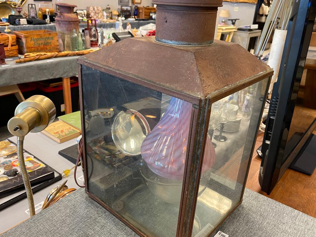 SHEET IRON NO. 115 RAILROAD STATION LANTERN WITH FENTON PINK SWIRL BLOWN GLASS SHADE